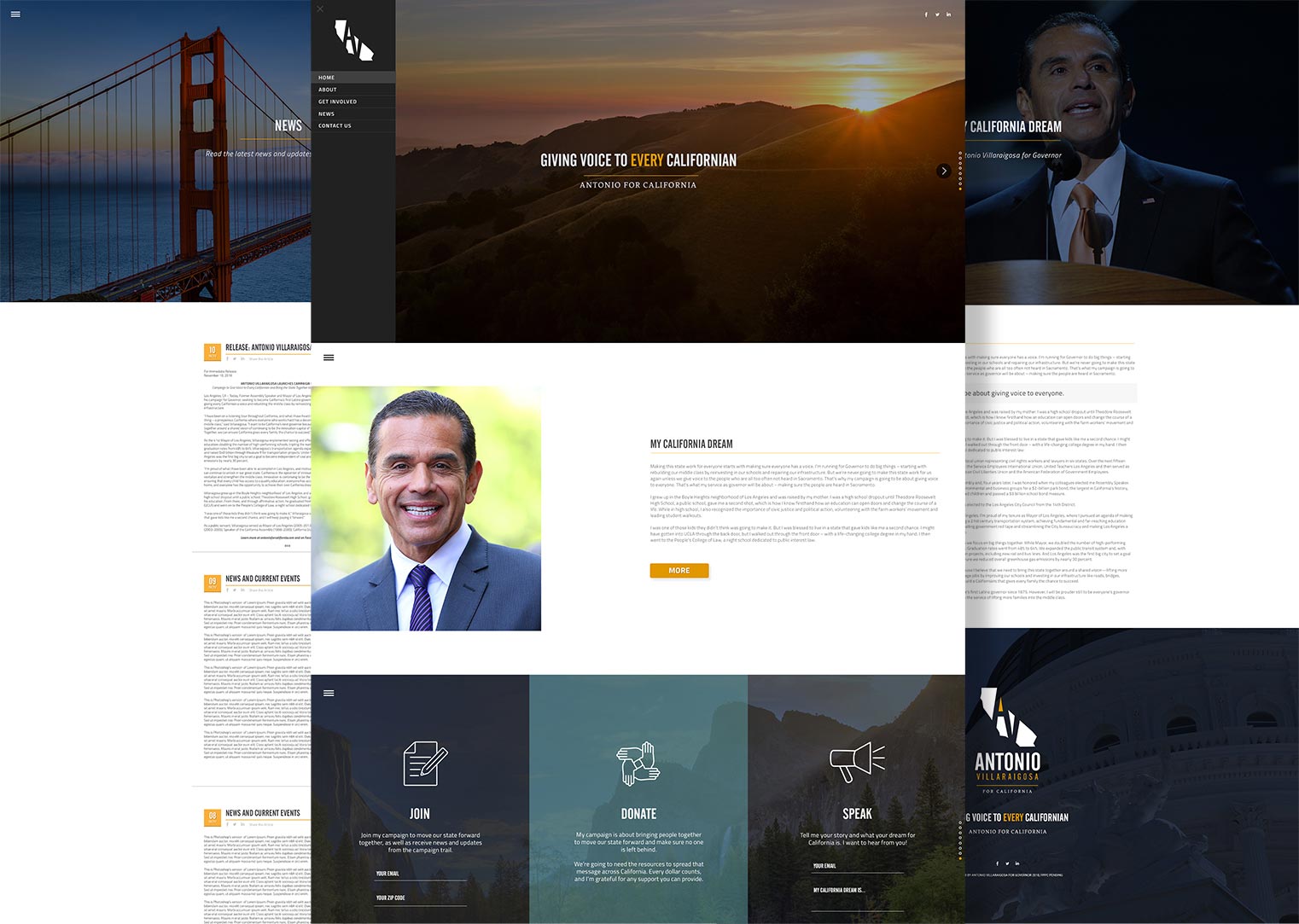 Three campaign website designs for Antonio Villaraigosa shown in Storefront’s portfolio