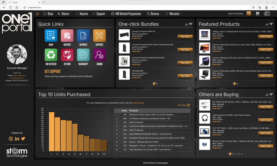 OnePortal dashboard showing procurement and account tools