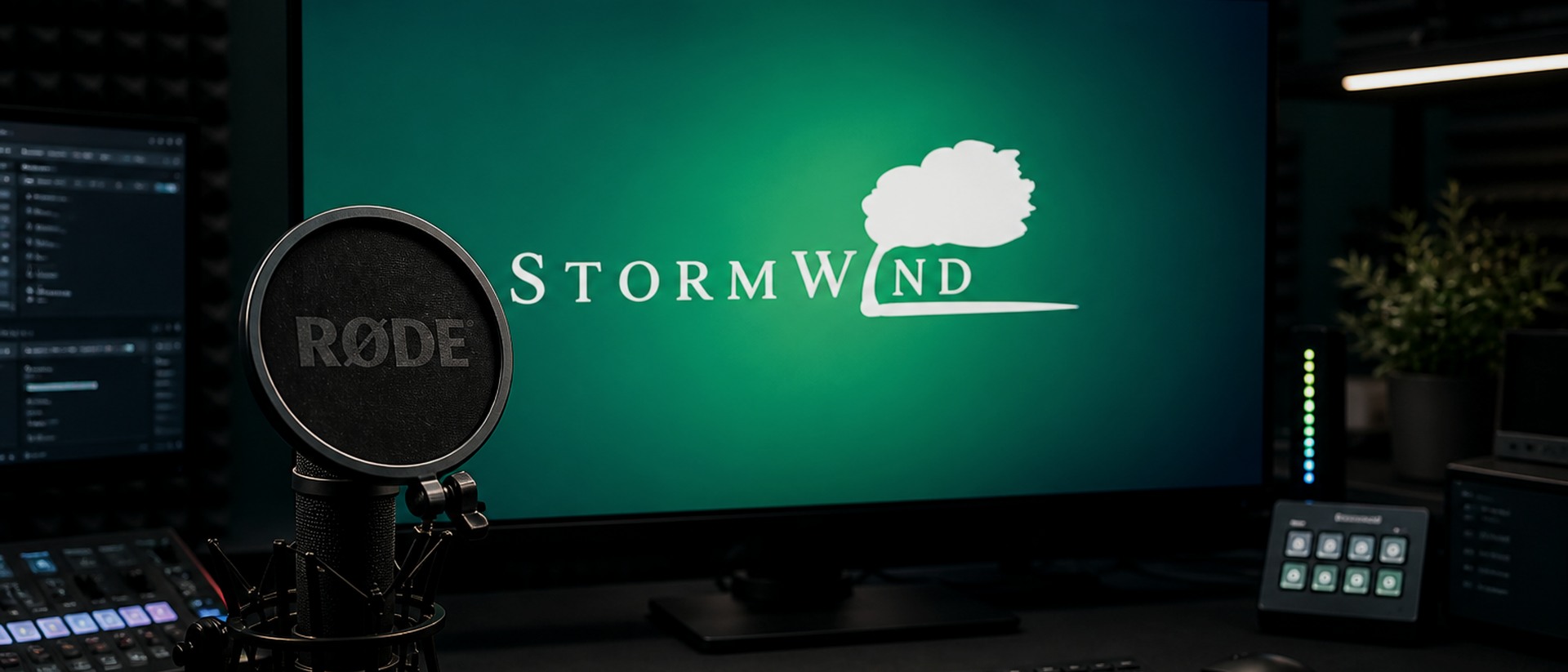A studio microphone and production controls beside a StormWind monitor