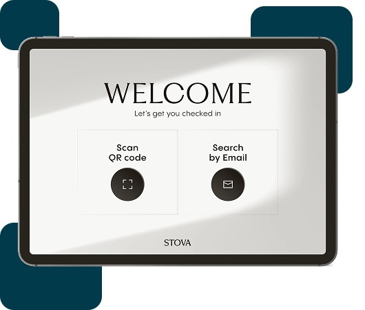 Stova tablet check-in screen offering QR code scanning or email search