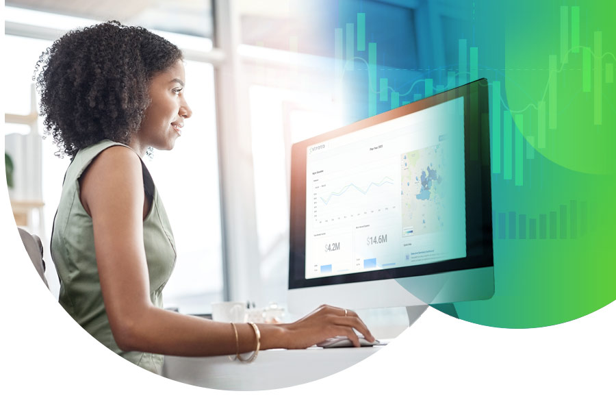 Strata marketing image showing financial analytics on a desktop monitor