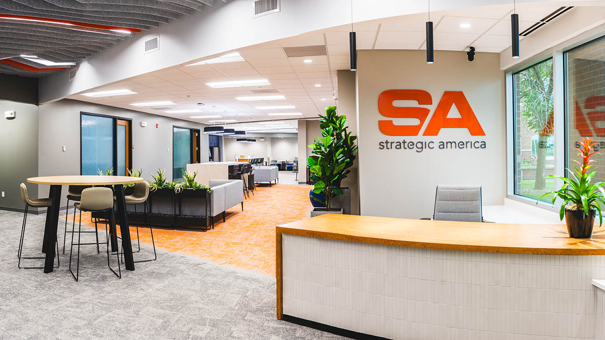 The open-plan reception area at Strategic America's West Des Moines office