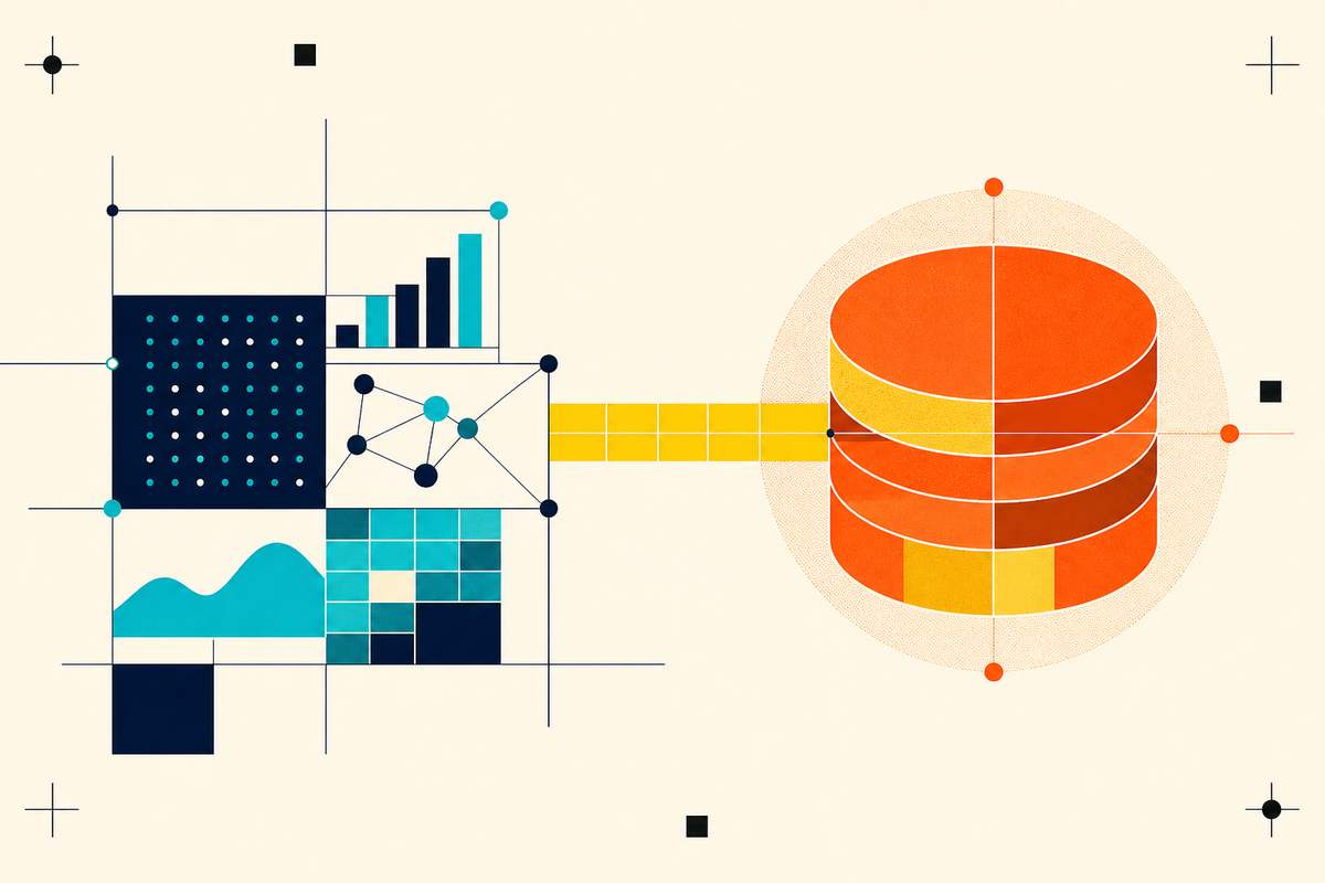 Abstract Swiss-style composition connecting a governed data system to stacked orange treasury forms