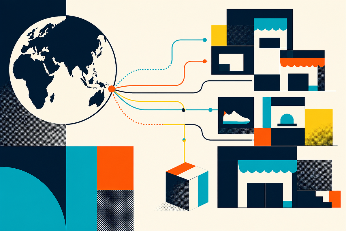 Abstract Swiss-style illustration of routes connecting a global hub with shops and products