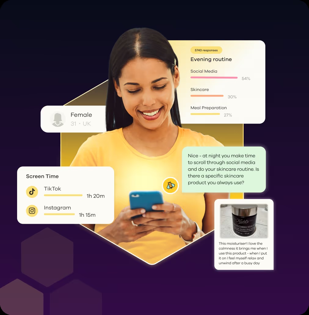Streetbees promotional composite showing a mobile conversation alongside consumer themes and a product photograph