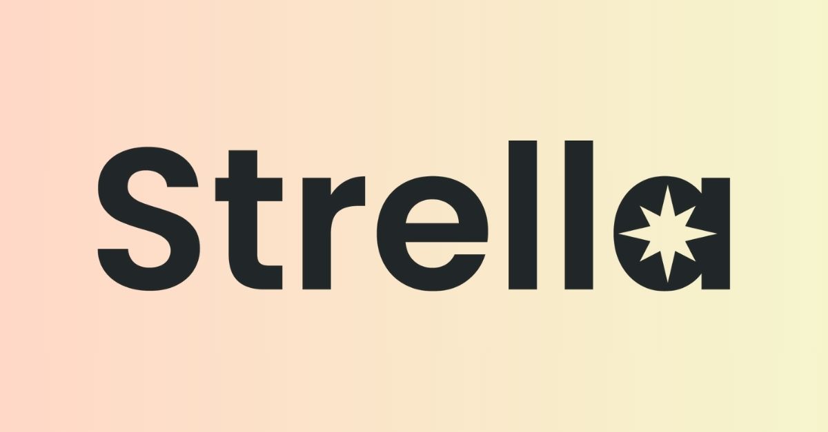 Strella wordmark logo on a peach-to-cream gradient