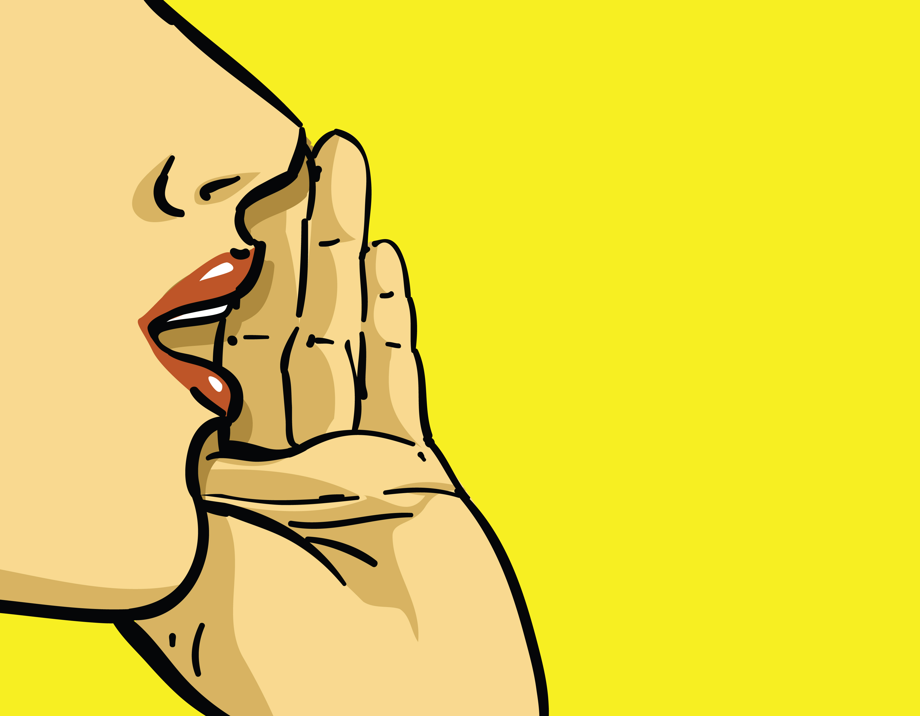Pop-art illustration of a person whispering against a vivid yellow background