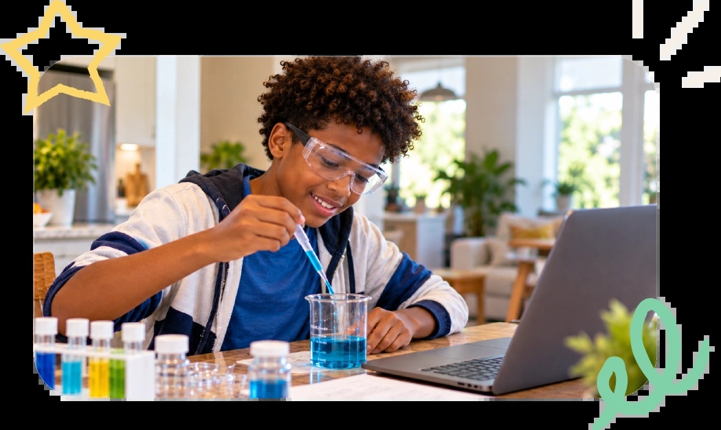 StrongMind promotional photograph of a young learner using a pipette beside a laptop