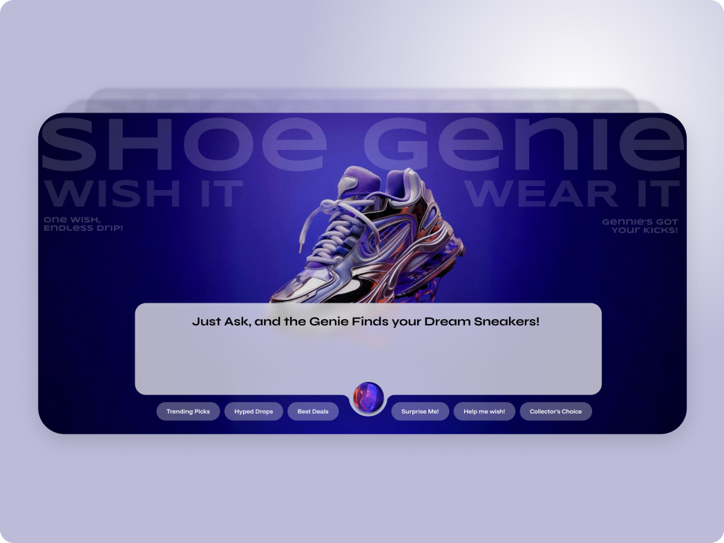 StrtupBoost Design portfolio concept for ShoeGenie, featuring a purple sneaker and shoe discovery prompt