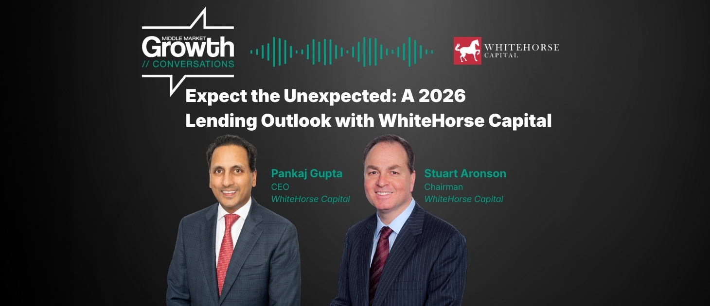Podcast promotional artwork showing Pankaj Gupta, left, and Stuart Aronson, right, for WhiteHorse’s 2026 lending outlook