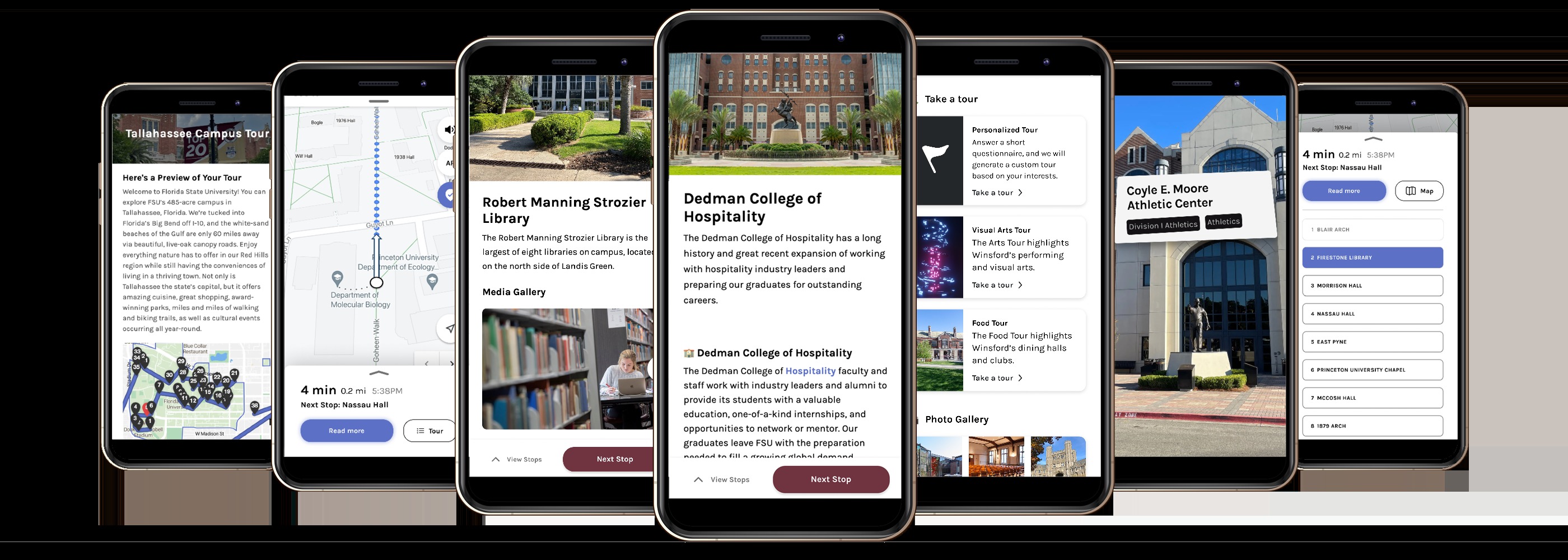 StudentBridge virtual campus tour shown across several smartphones