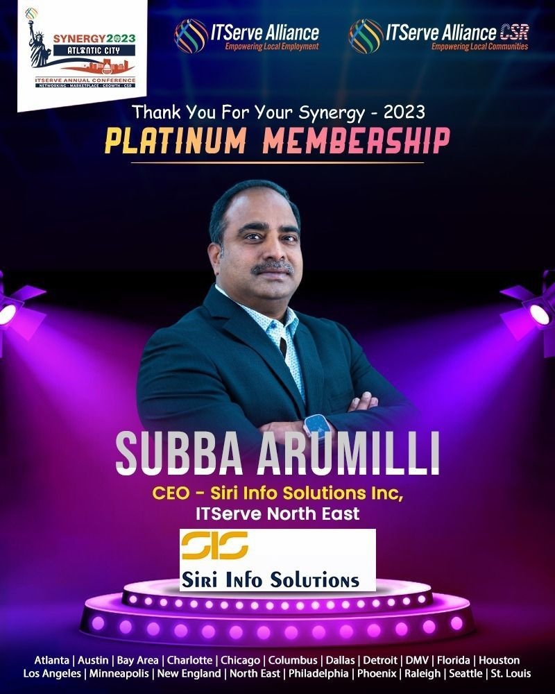 ITServe Alliance graphic recognizing Subba Arumilli’s Synergy 2023 Platinum Membership