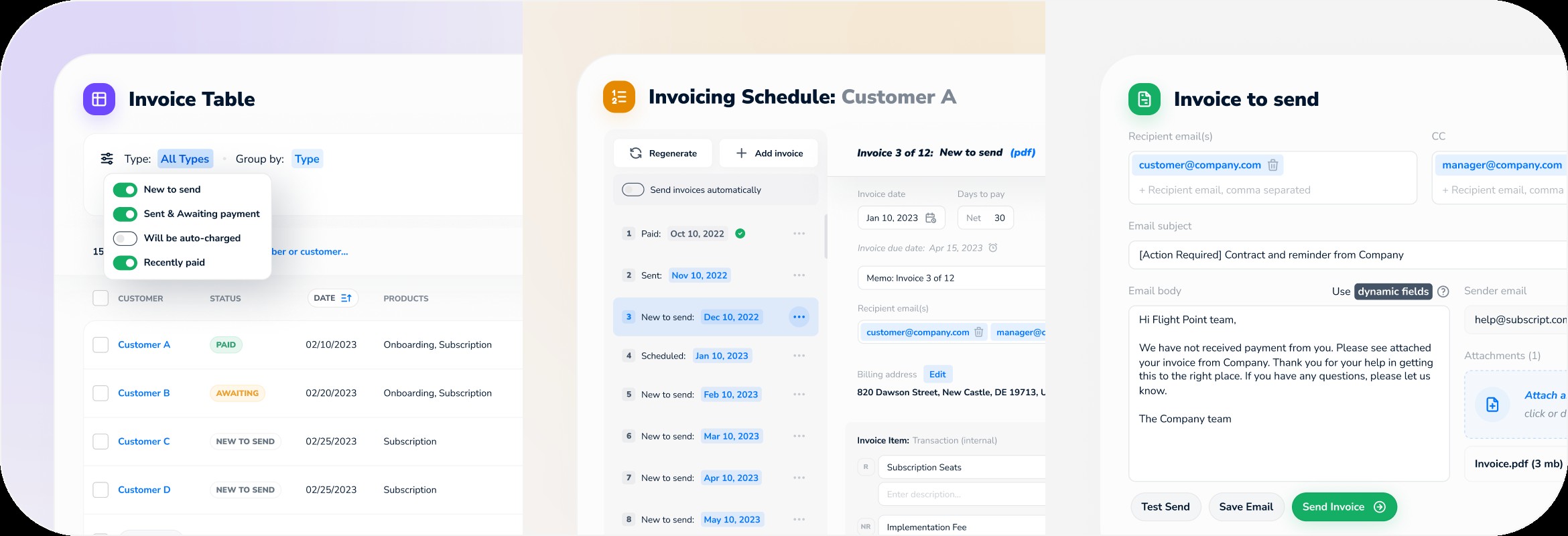 Subscript interface showing an invoice table, invoice schedule and invoice composition view