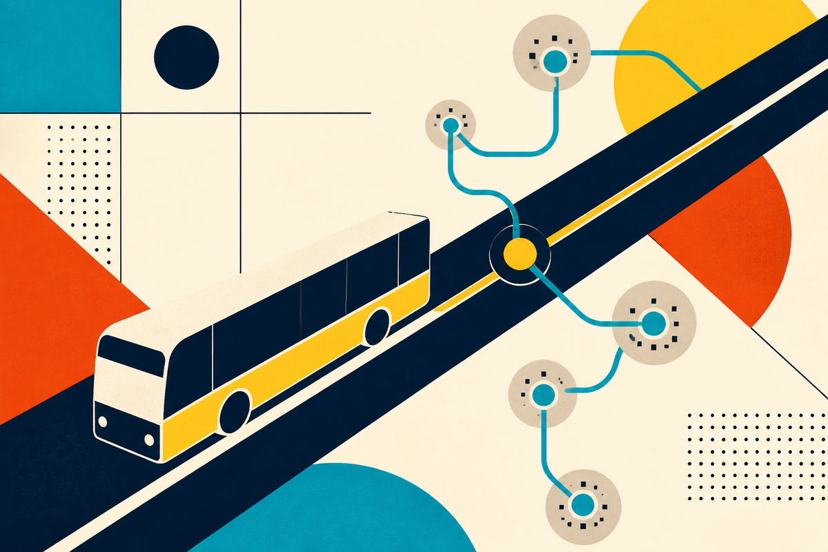 Abstract Swiss-style illustration of a bus on a fixed corridor connected to flexible suburban routes