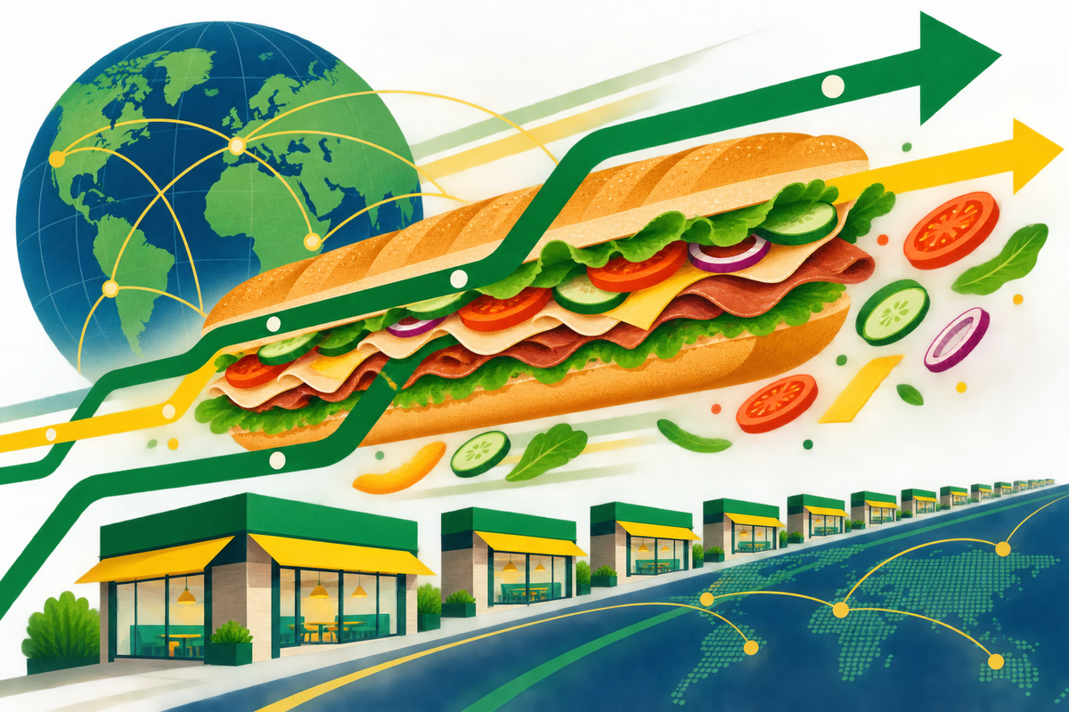 Abstract Swiss-style illustration of a sandwich, directional routes and repeating restaurant modules