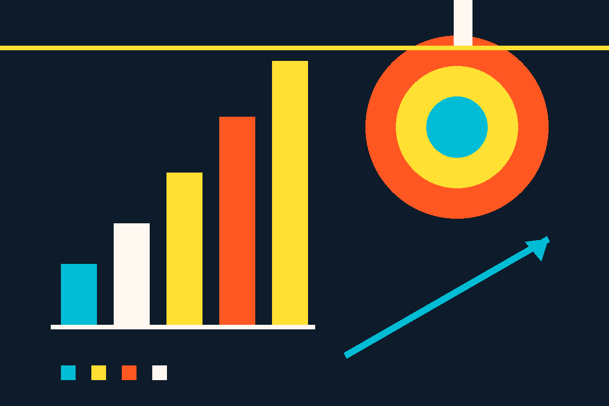 Swiss-style graphic: rising bars, a concentric circle, and an upward arrow