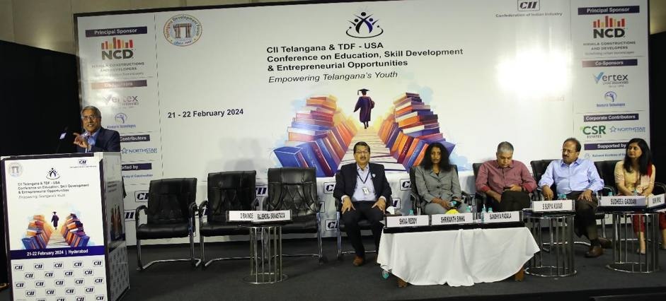 Panel session at the February 2024 CII Telangana and TDF-USA education and skills conference in Hyderabad, where Sudheer Gaddam was a listed panelist