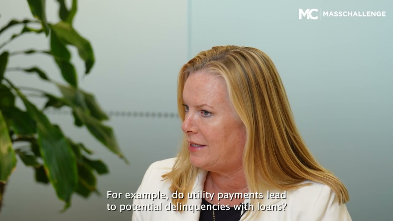 Sue Burton speaking during a MassChallenge interview about predictive financial signals