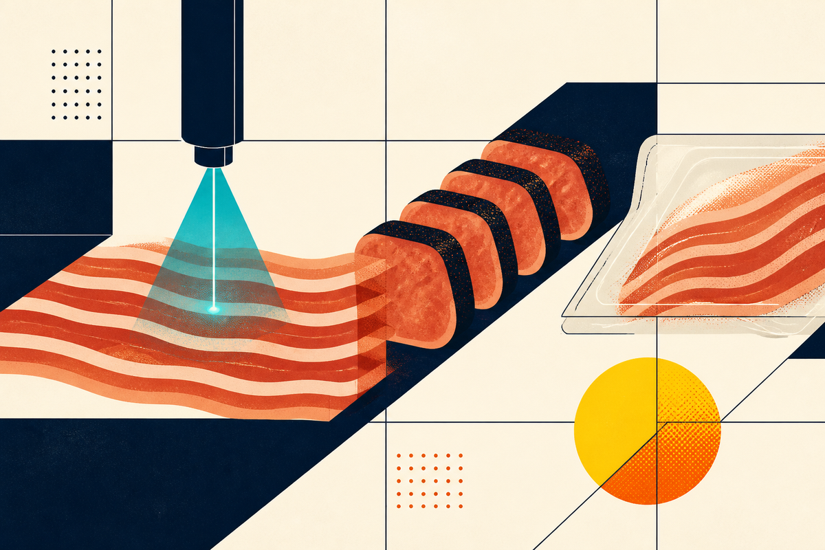 Abstract Swiss-style illustration of bacon moving through laser inspection and packaging