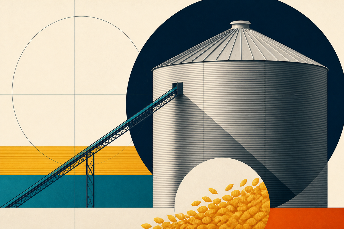 Geometric editorial illustration of a corrugated steel grain bin, conveyor and grain