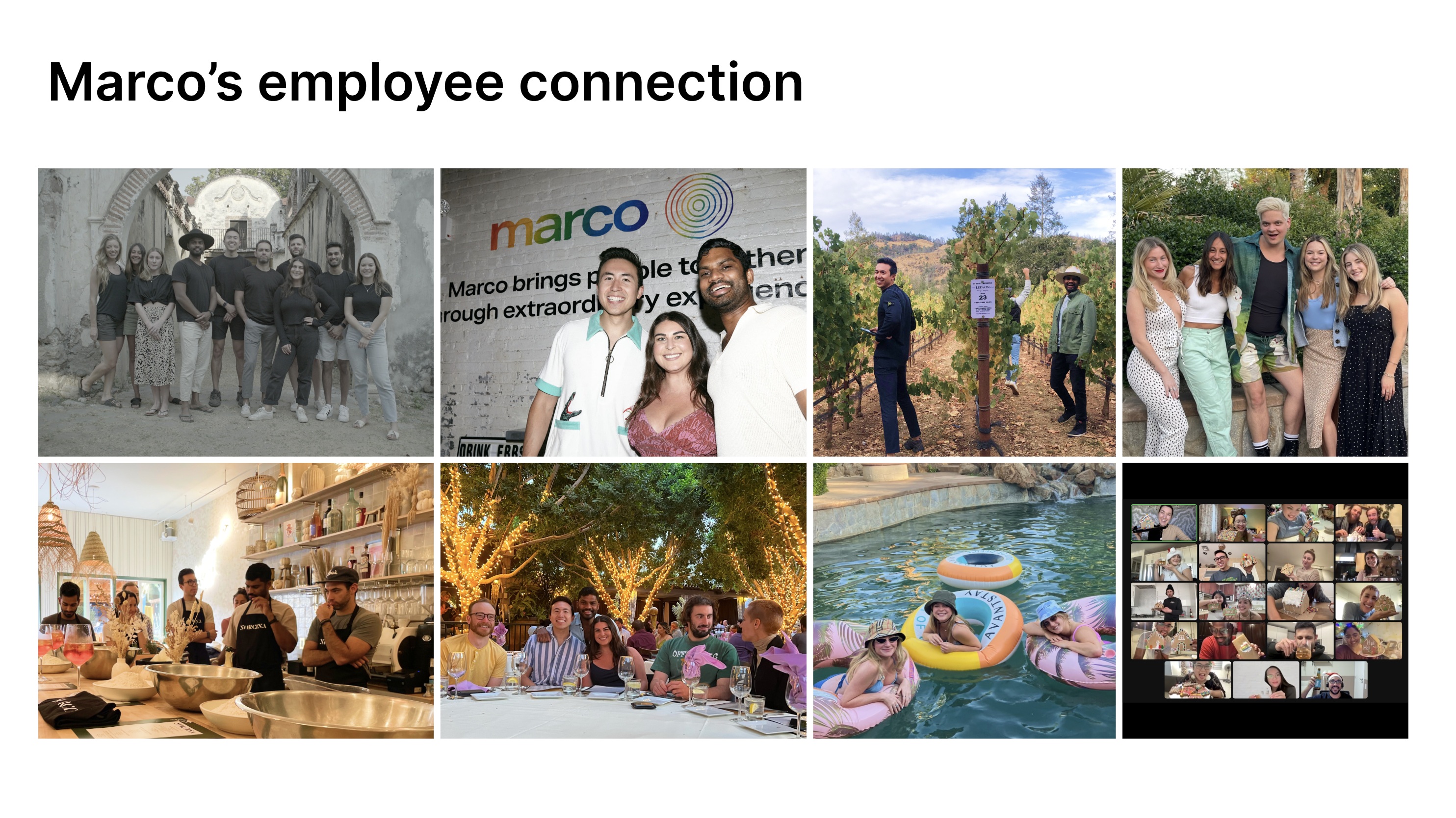 Collage of Suman Siva and Marco colleagues at team meals, a vineyard, retreats and a virtual gingerbread activity