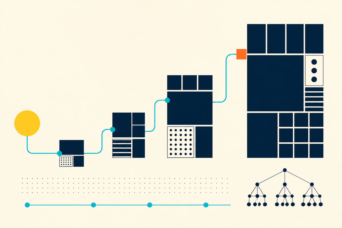 Abstract Swiss-style illustration of modular technology businesses growing along a connected path