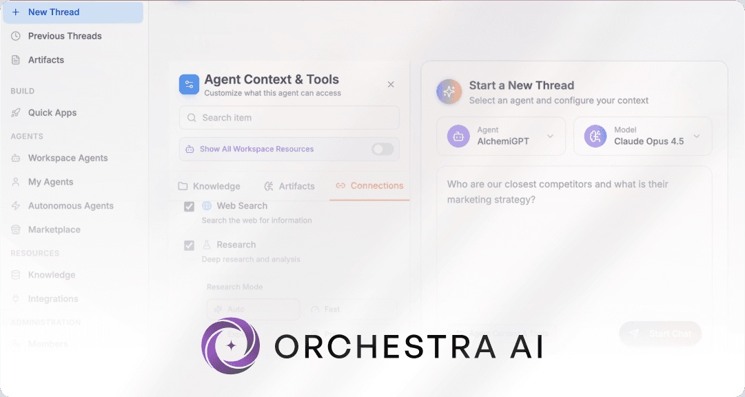 Sumeru’s promotional Orchestra AI illustration showing an agent workspace and task controls