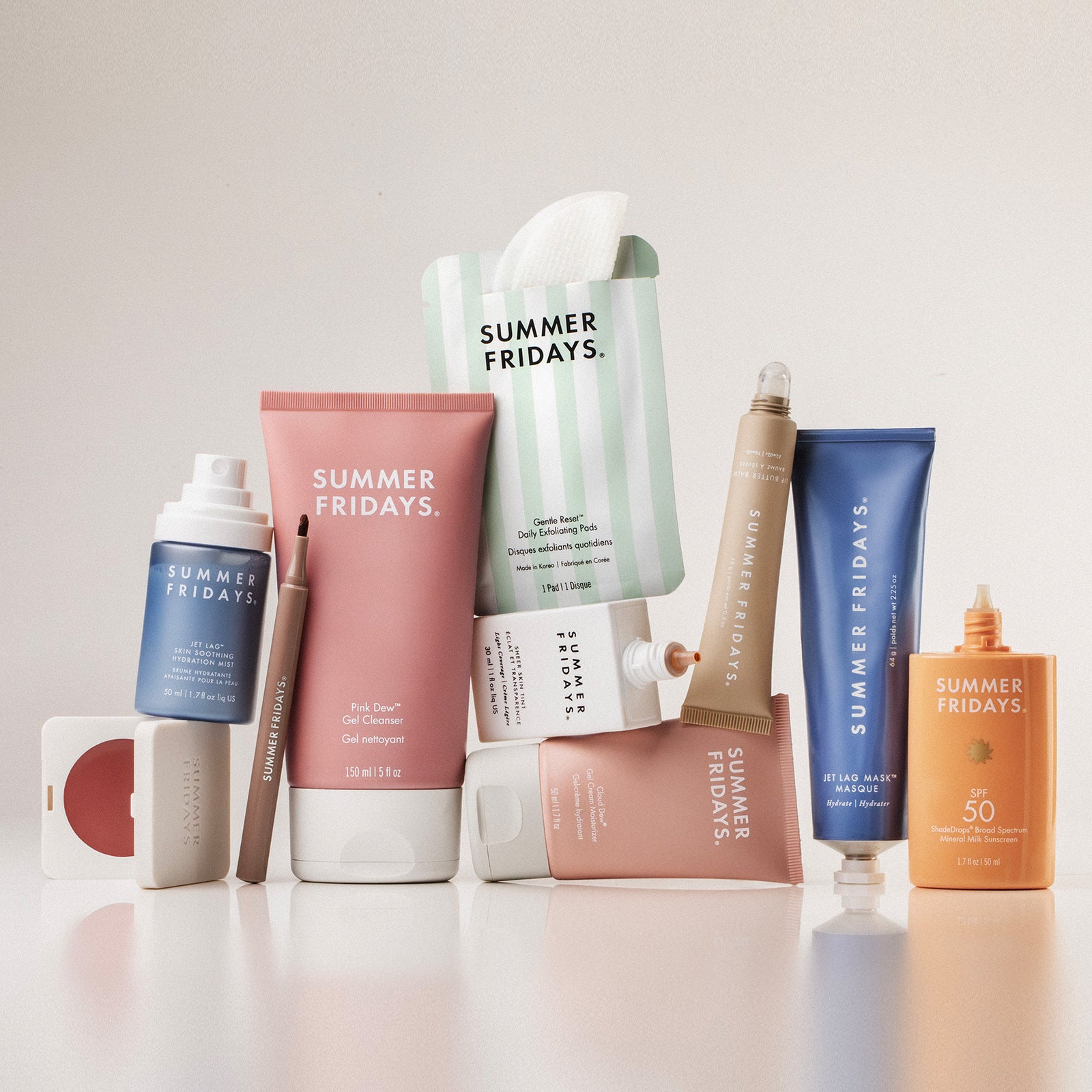 Summer Fridays skincare and makeup assortment, including Jet Lag Mask, lip balm, blush and sunscreen