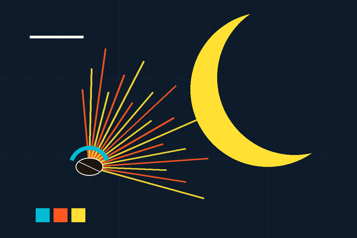 Swiss-style graphic of a crescent moon and a coffee bean radiating oak-fire lines