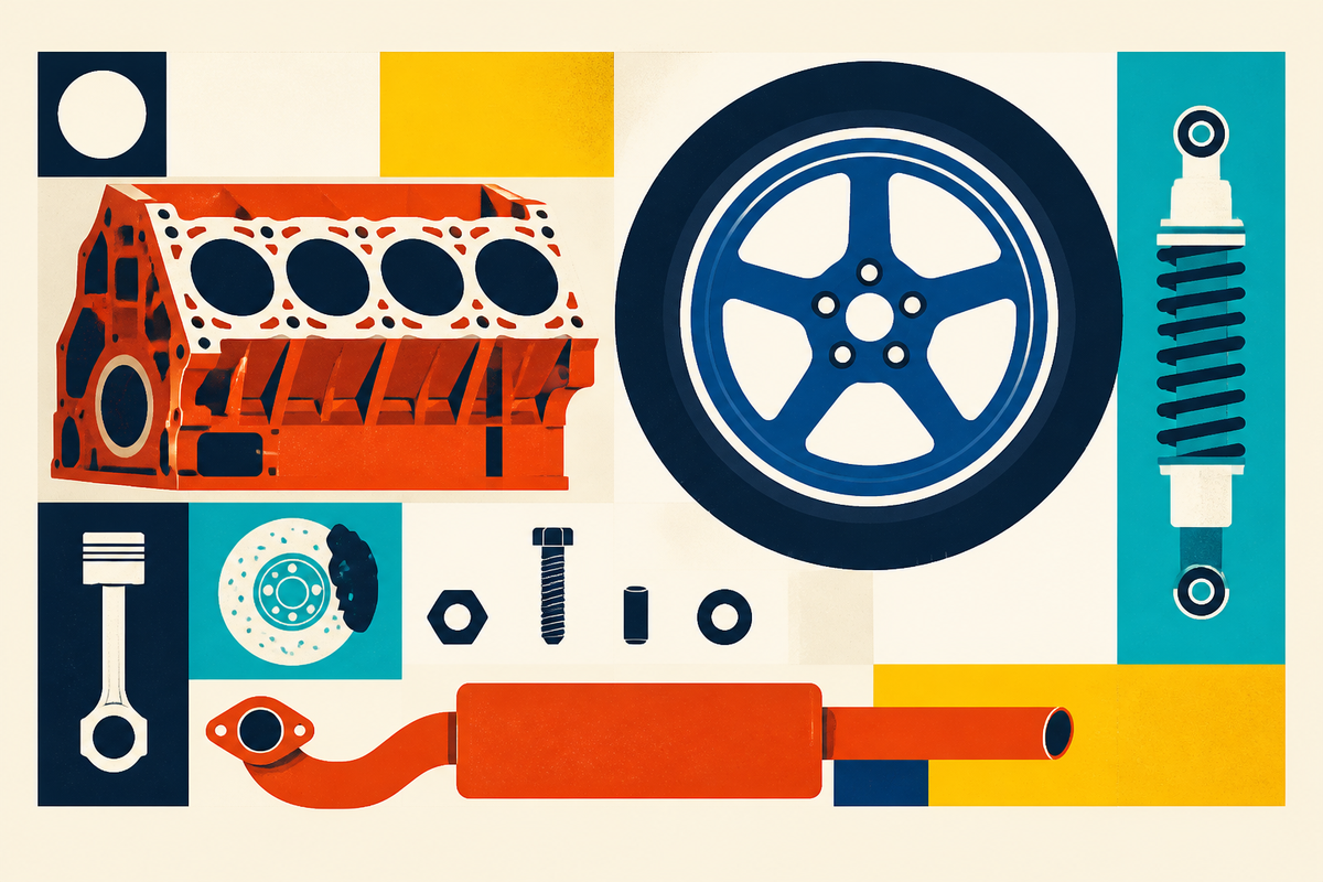 Geometric editorial illustration of an engine block, wheel, shock absorber, brake disc, piston and exhaust components