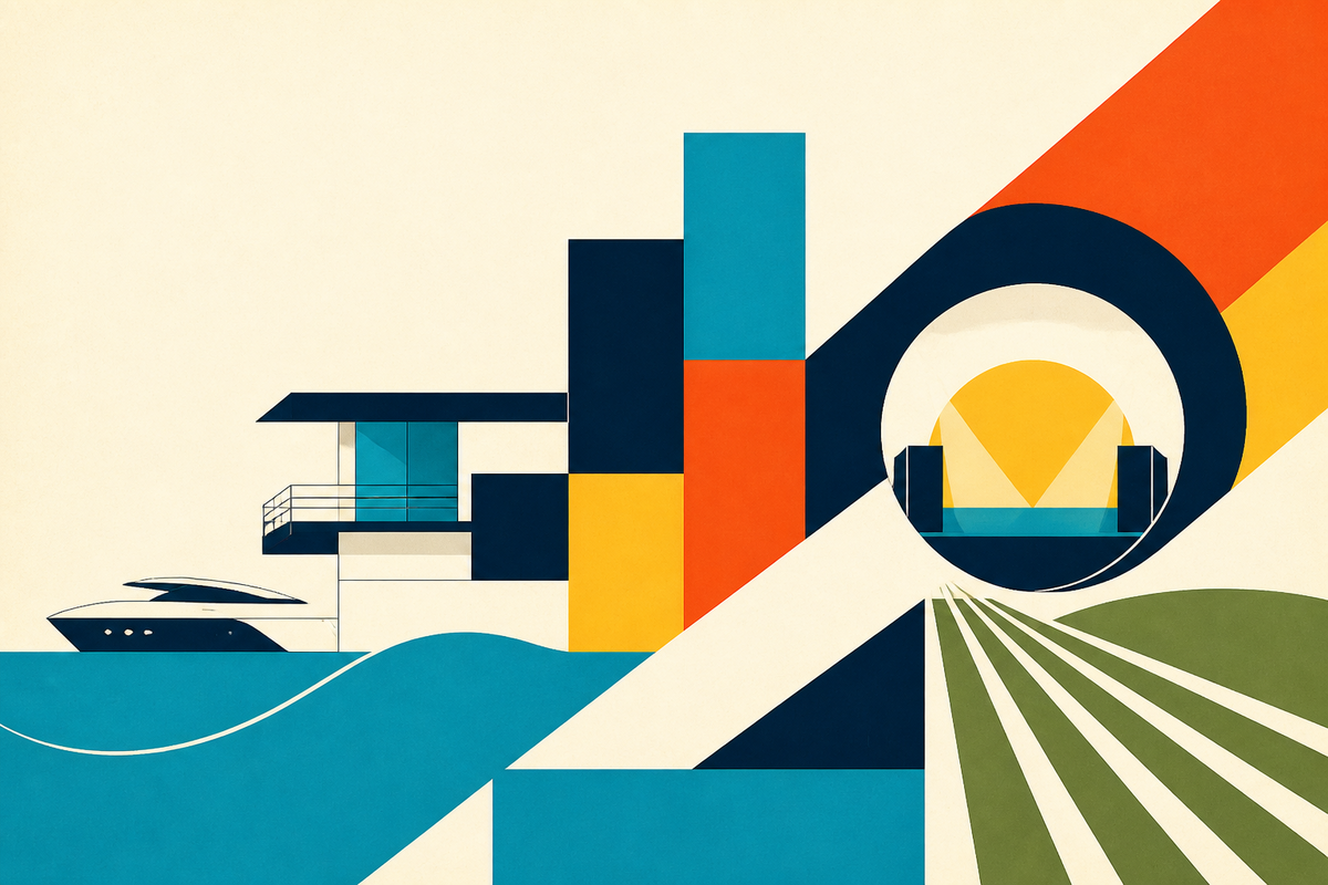 Abstract Swiss-style geometry connecting buildings, a waterfront, an entertainment portal and farm rows