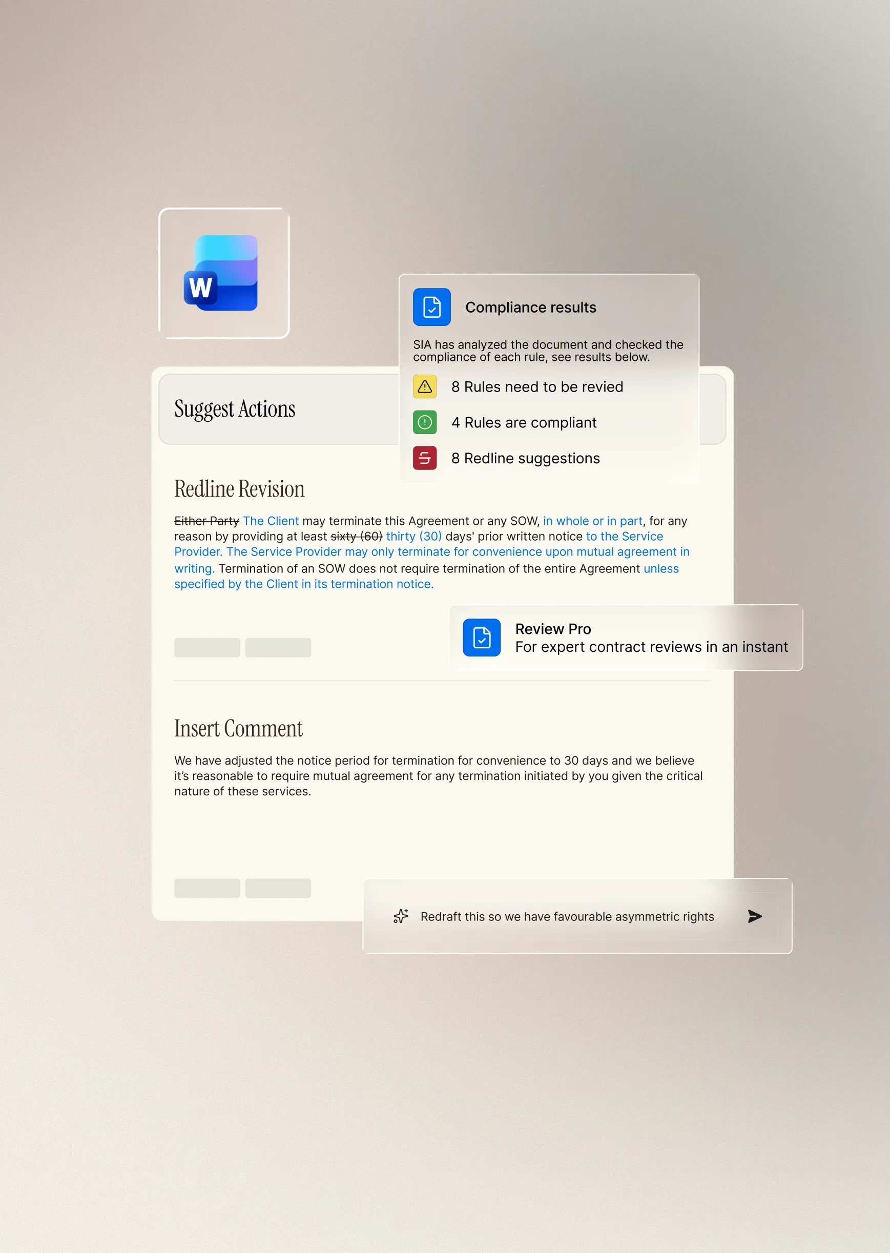 Summize’s product illustration showing compliance checks, proposed redlines and comments in Microsoft Word