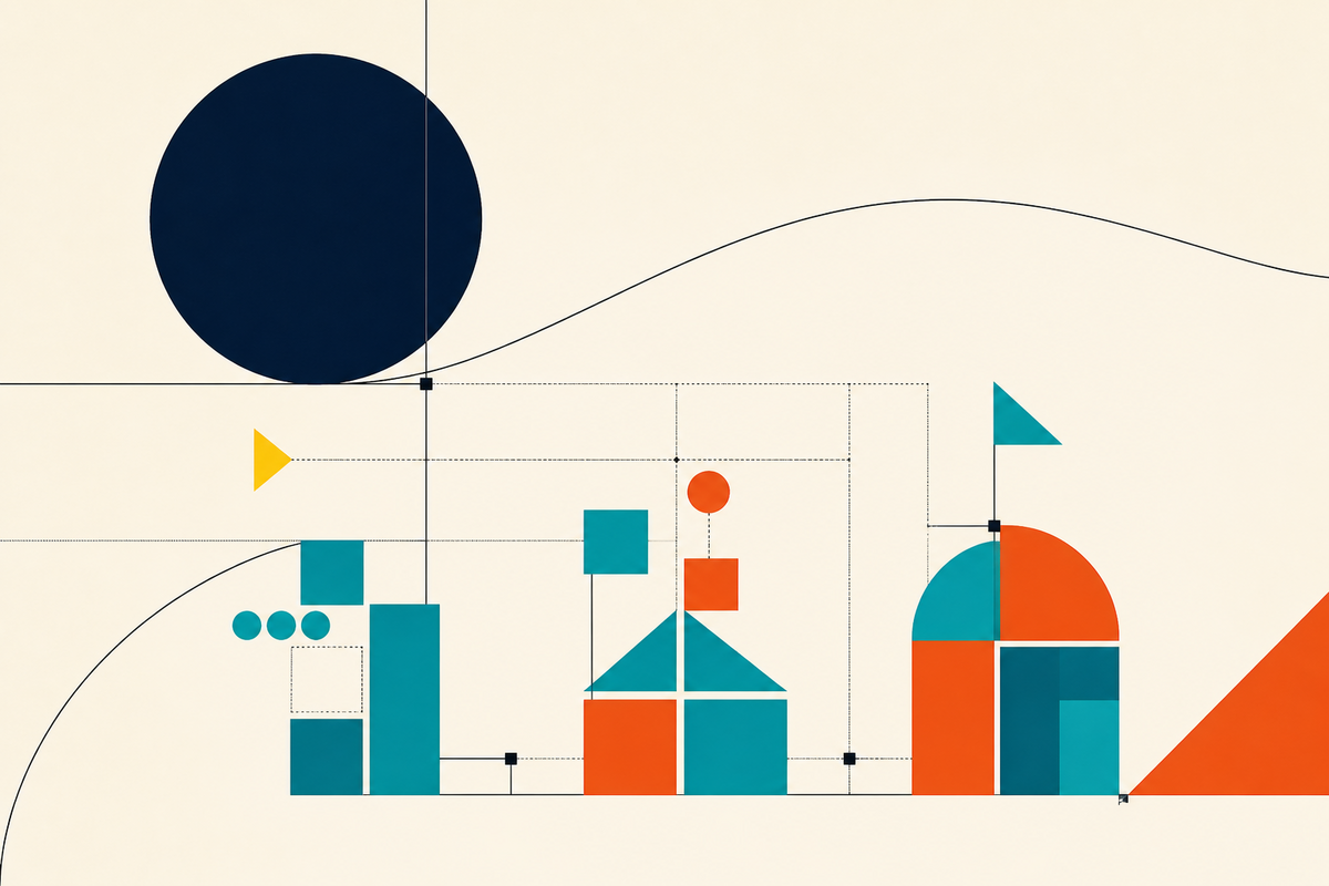 Abstract Swiss-style geometry showing modular company-building stages in navy, teal, yellow and orange
