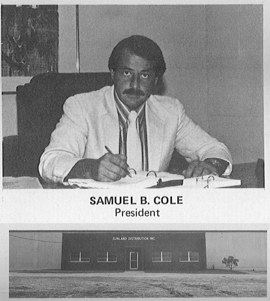 Archival image of founder Samuel B. Cole at his desk, above the original Sunland Distribution building
