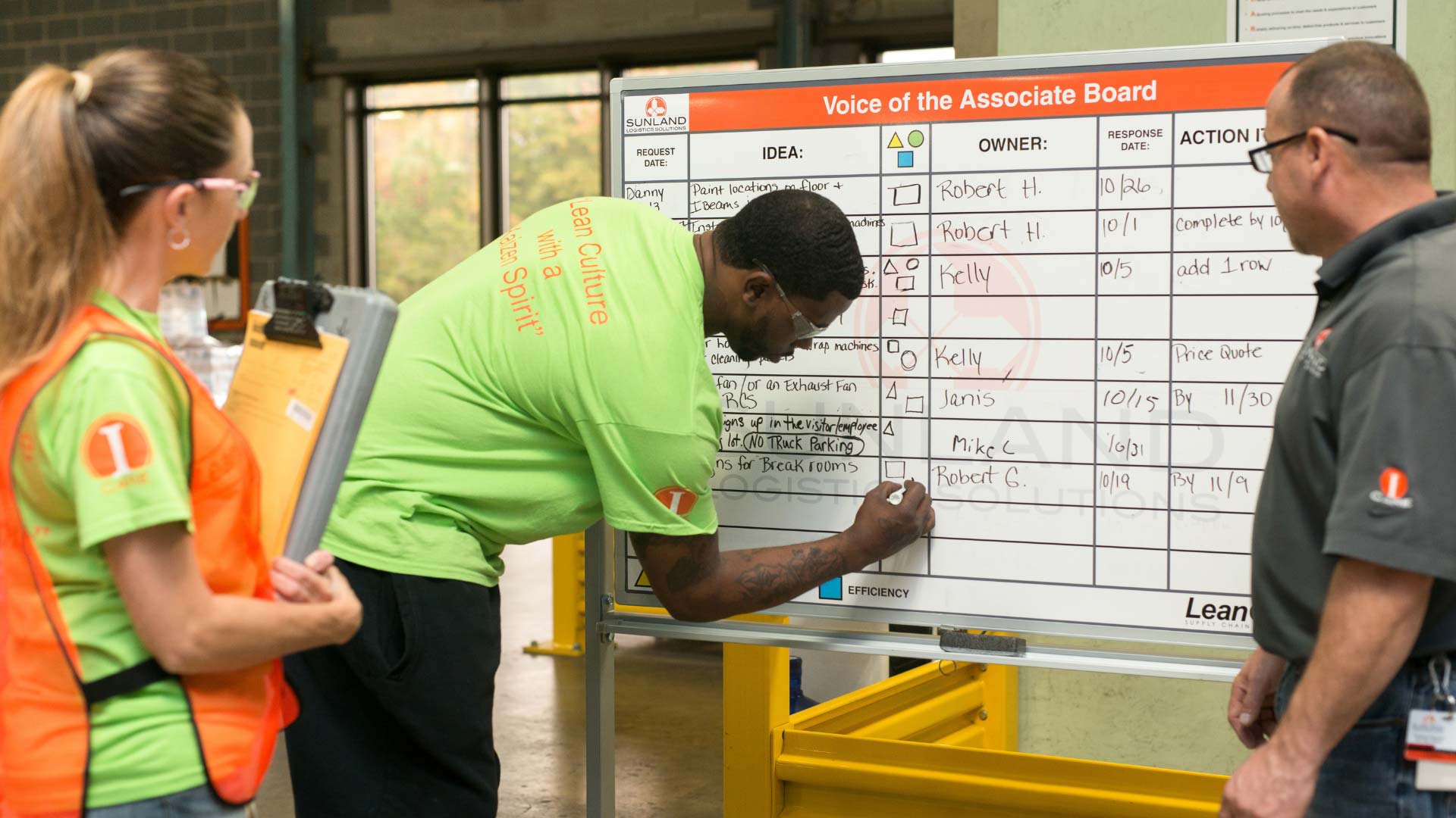 Sunland employees recording suggestions on a Voice of the Associate Board, with idea owners and response dates