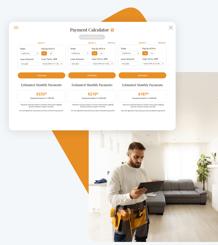 Orange marketing composite showing a payment calculator with three loan scenarios