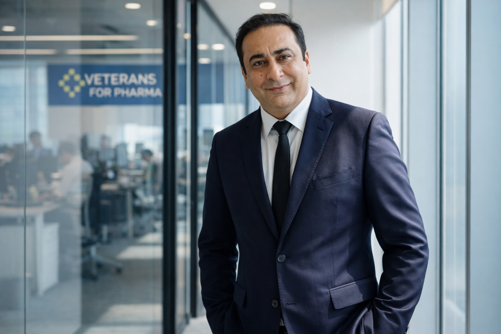 Sunny Lakhani in a navy suit at the Veterans For Pharma office