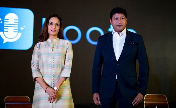 Soundarya Rajinikanth, left, and Sunny Pokala, right, standing at the Hoote launch