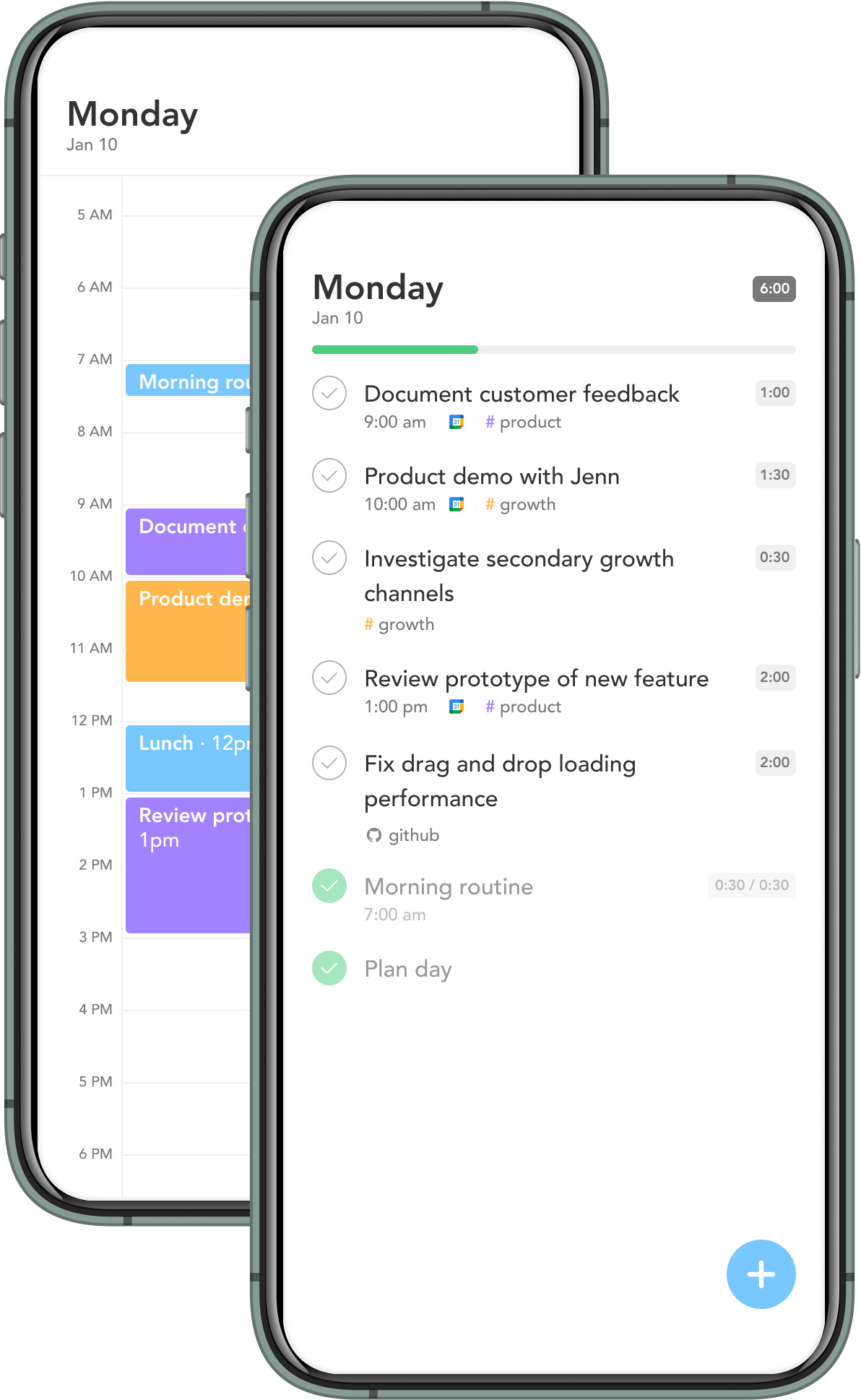 Two phones displaying Sunsama's mobile calendar and daily task list