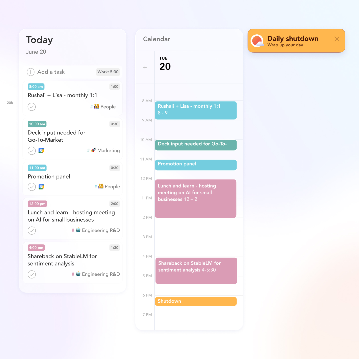 Sunsama task list beside a time-blocked calendar, with a daily shutdown reminder