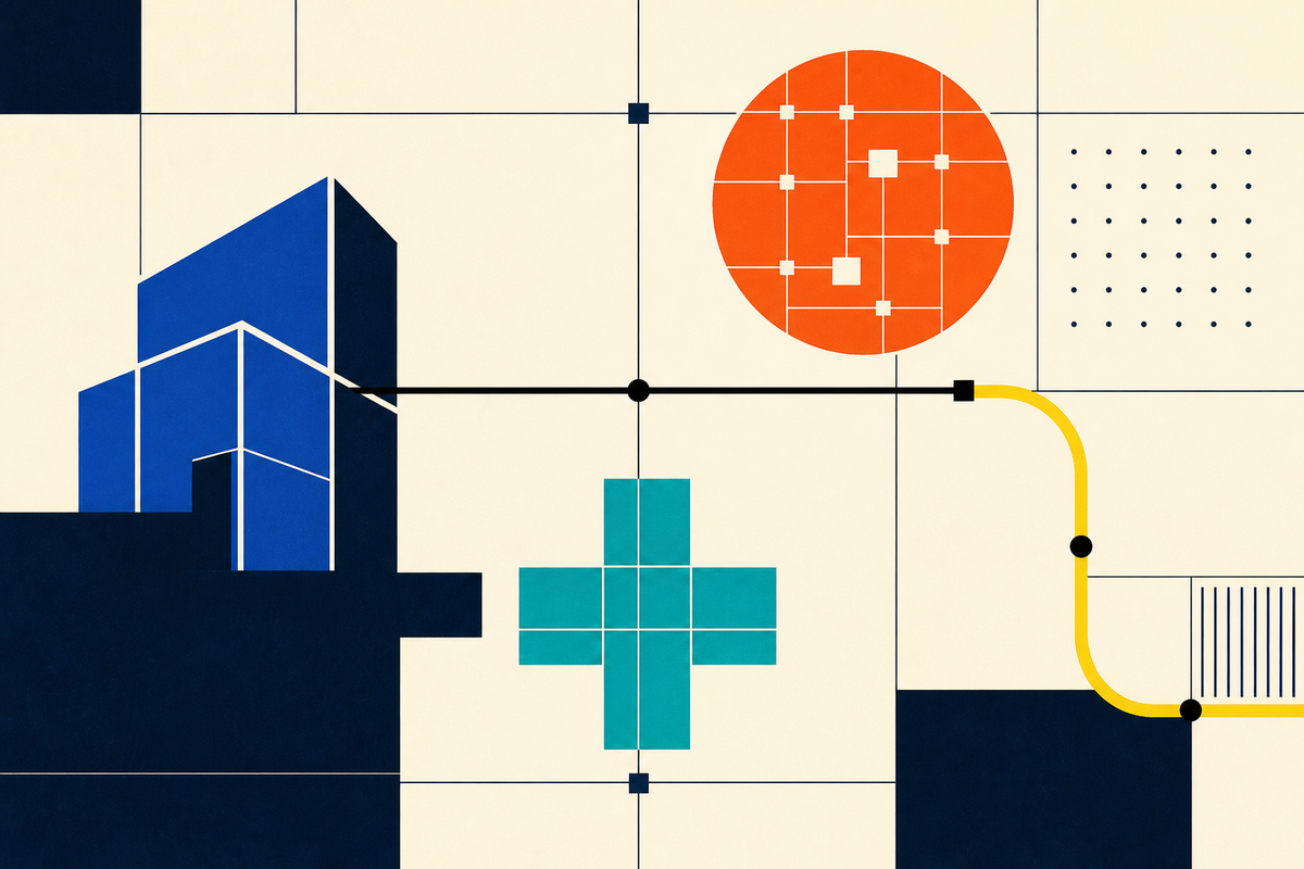 Abstract Swiss-style composition connecting architecture, healthcare, data and transportation