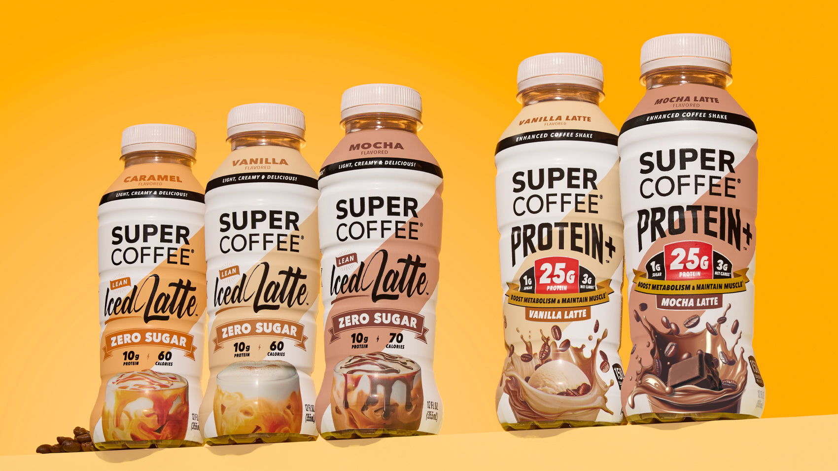 Super Coffee Lean Iced Latte and Protein+ bottles arranged against a yellow background