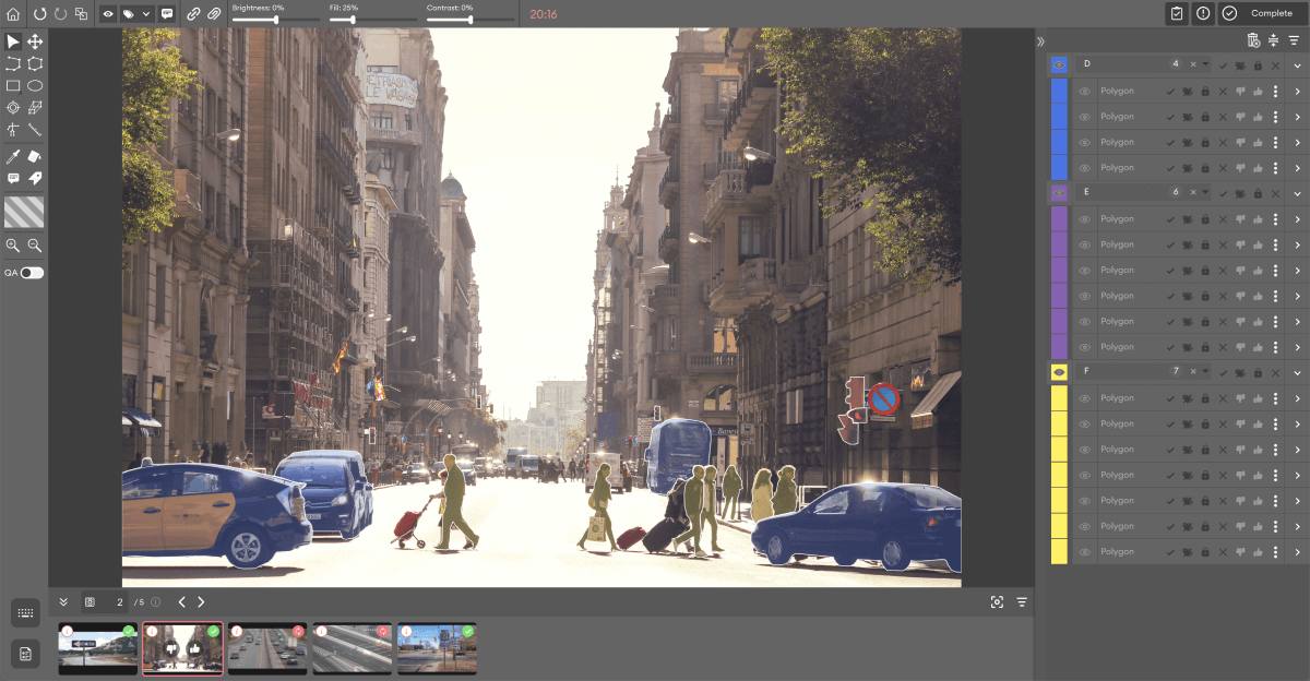 An early SuperAnnotate image editor with polygon annotations over a city street