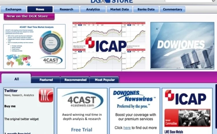 Historical DGX Store interface displaying a grid of financial data applications