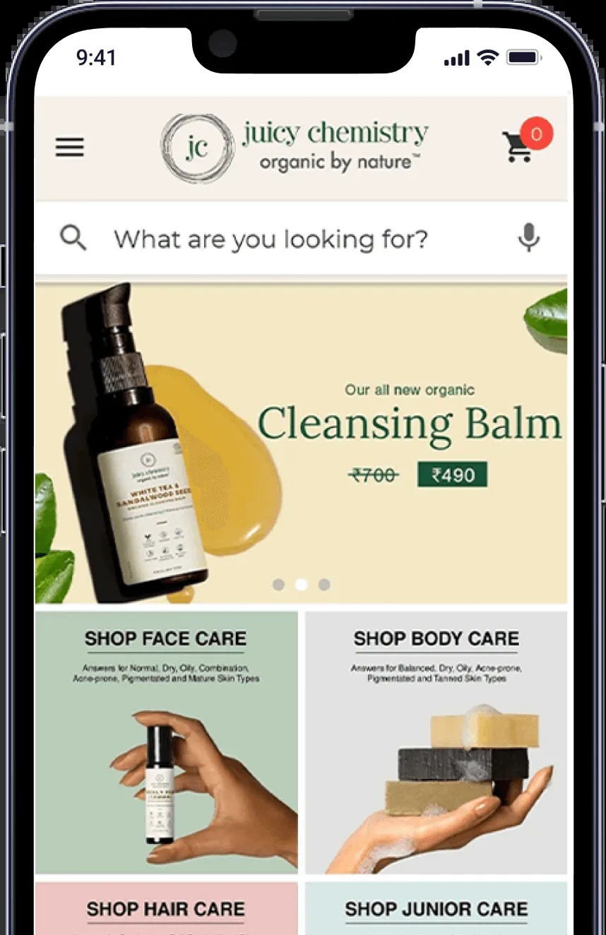 Juicy Chemistry shopping app mockup with product search and skin-care collections