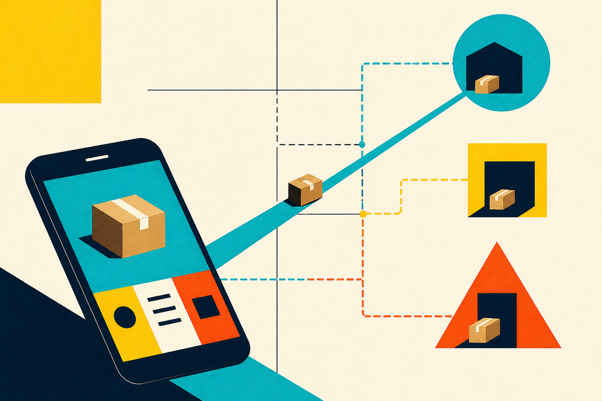 Abstract Swiss-style illustration of parcels traveling from a mobile phone to several delivery points