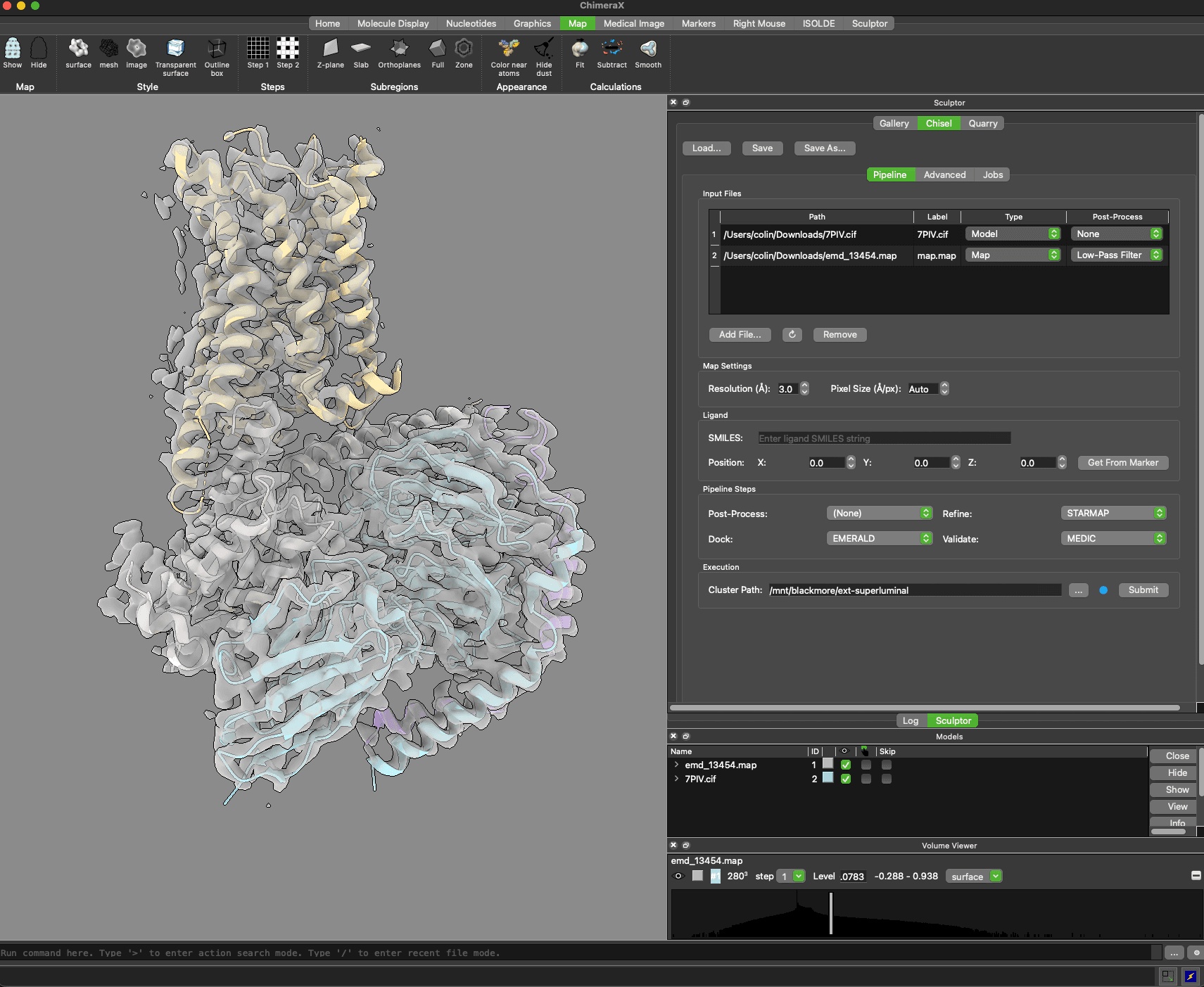 ChimeraX showing a GPCR structural model beside Superluminal’s model-refinement pipeline