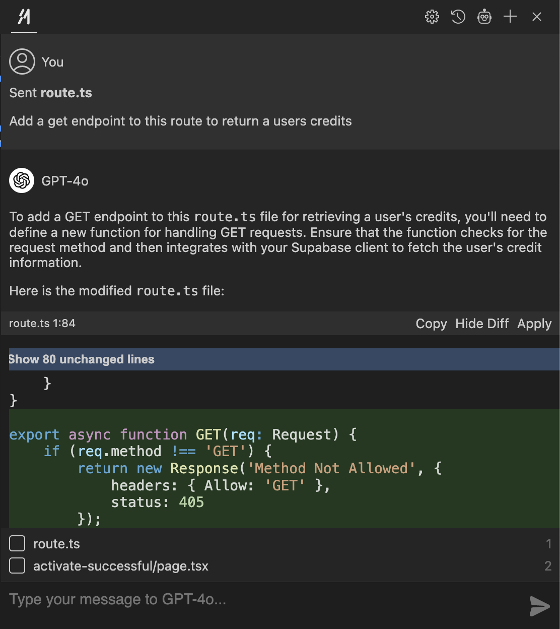 Official Supermaven Chat interface showing a code conversation and proposed edits