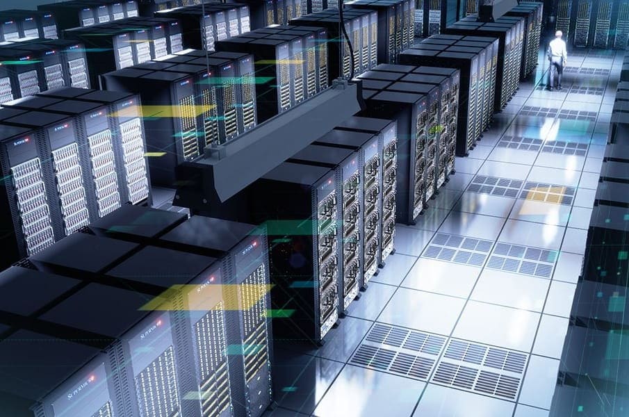Supermicro illustration of rows of server racks in a data center