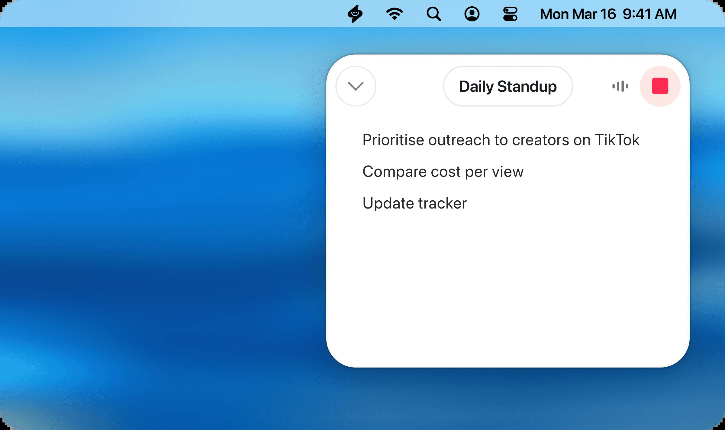 Supernormal desktop recorder showing action notes for a daily standup